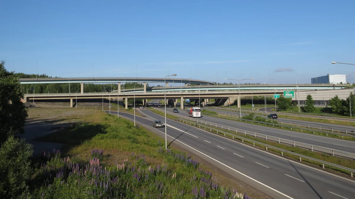 Lakalaiva interchange on the highways 3 (E12) and 9 (E63) in Tampere, Finland, seen from west.