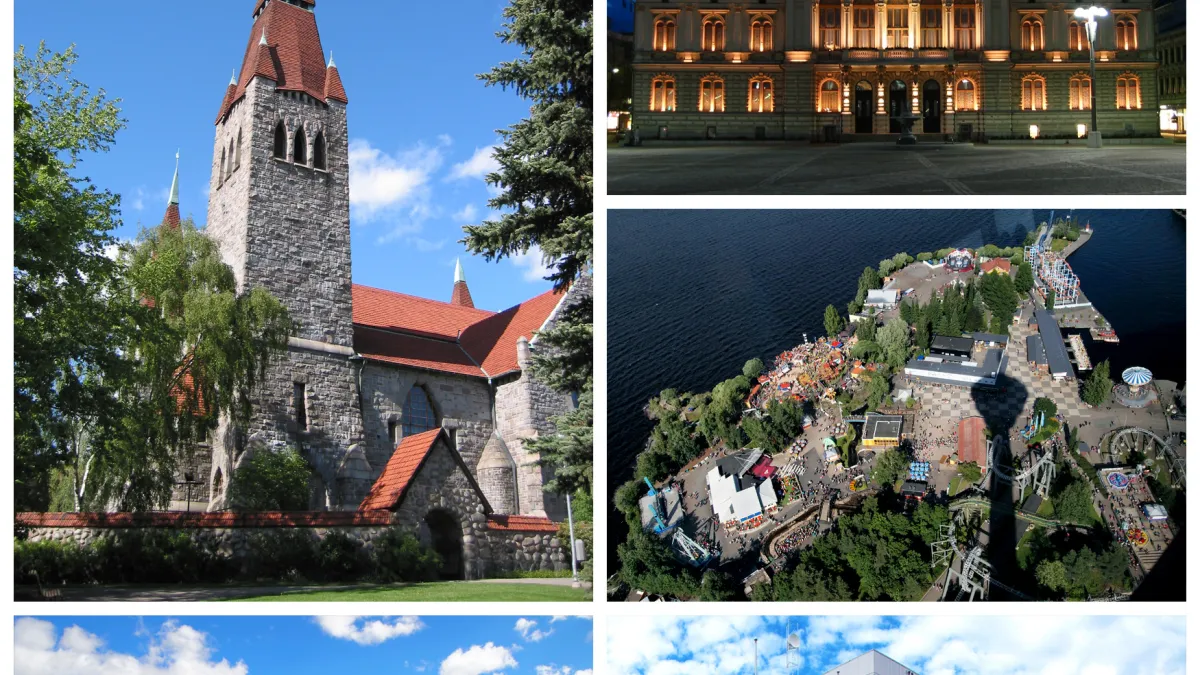 A montage of the city of Tampere, Finland. Includes pictures (clockwise from top-left) of the cityscape (from Näsinneula), the Tampere City Hall, Särkänniemi (from Näsinneula), Tampere Hall, the skyline with Näsinneula, Tammerkoski from the bridge Hämeensilta (including Sokos Hotel Ilves), and the Tampere Cathedral.