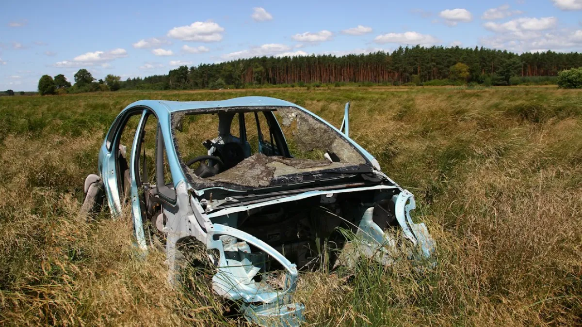A car that is sitting in the grass
