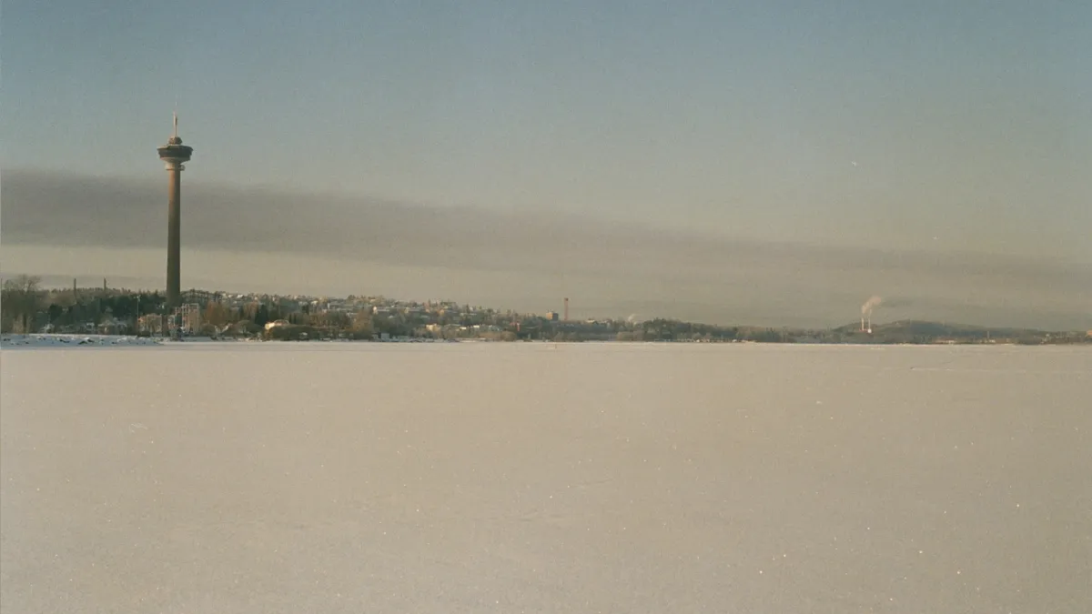 A view from the lake Näsijärvi in Tampere, Finland. On the left is the Näsinneula observation tower.