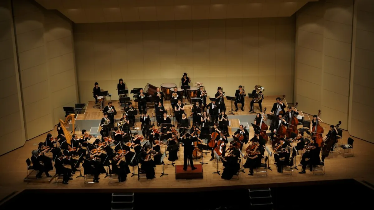 An orchestra is performing on a concert stage