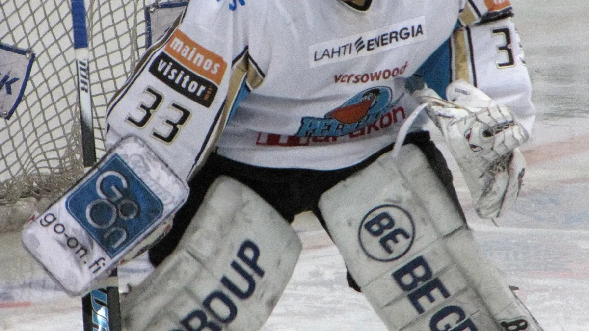 Finnish ice hockey goaltender Joonas Kuusela playing for Lahti Pelicans in an SM-liiga game against Tampere Ilves in Tampere, Finland, in February, 2011.