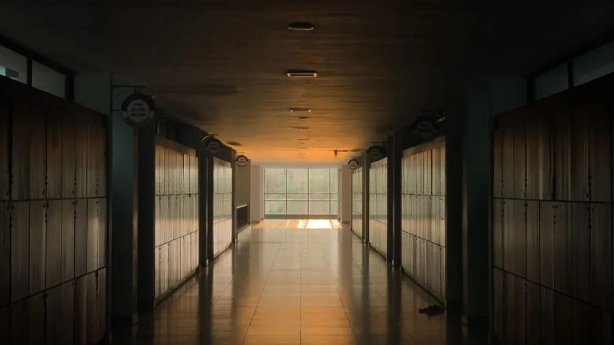 Peaceful school corridor at sunset with lockers and soft lighting.