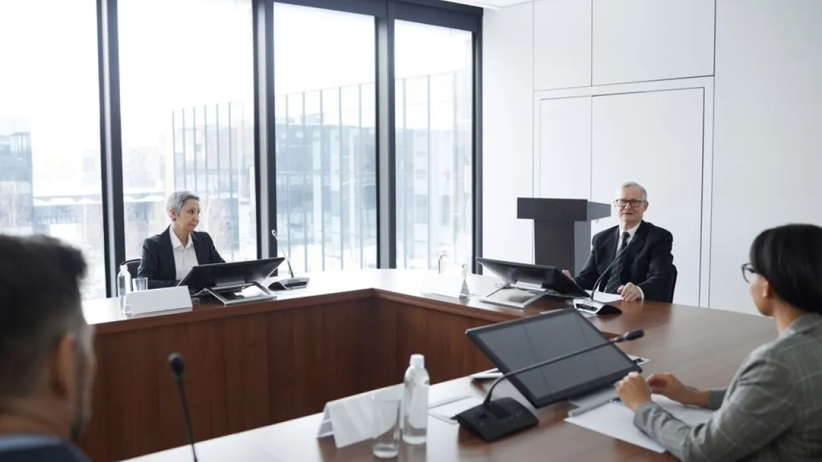 Business professionals in a board meeting in a modern conference room, engaging in discussion.