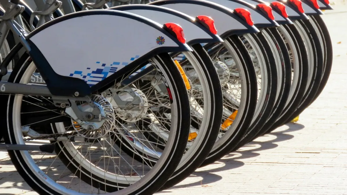 Public bike share. A pack of bicycles on the 'dock' in Moscow city center, Russia.