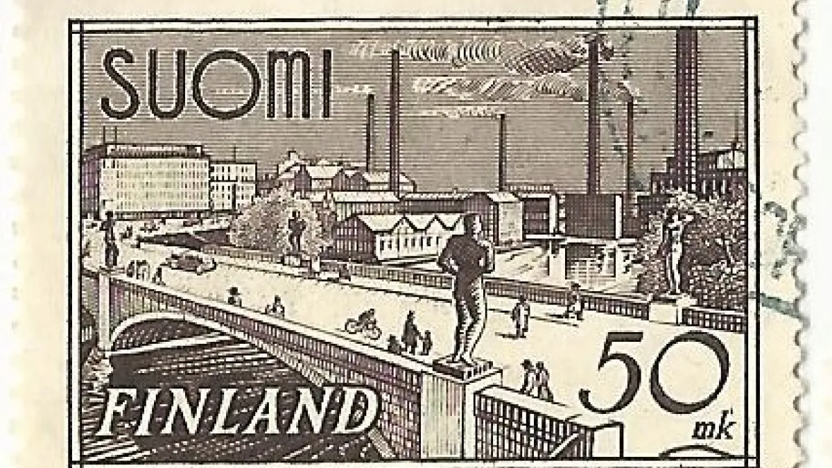 Postimerkki Hämeensilta ja sen Pirkkalaisveistokset (Wäinö Aaltonen), published 1968