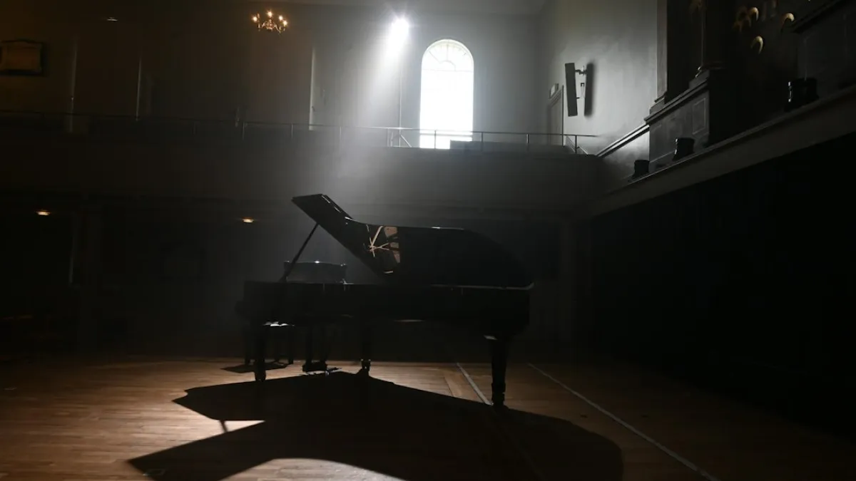 black grand piano on brown wooden floor