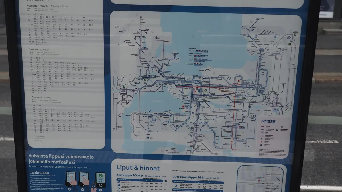 An information sign of the public transport in Tampere, Finland, at the tram stop "Tulli A" in central Tampere.