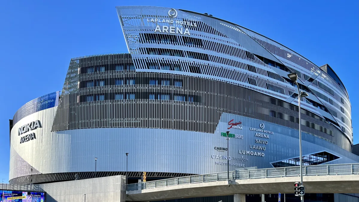 Nokia Arena, a multipurpose arena in Tampere, Finland, and the Lapland Hotels Arena hotel, seen from Ratapihankatu street in March 2022.