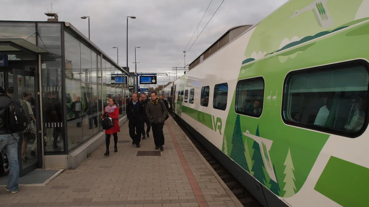 A Finnish Pendolino train at Tampere railway station in Tampere, Pirkanmaa, Finland. The train has come from Helsinki, Uusimaa, and will continue to Oulu, Northern Ostrobothnia.