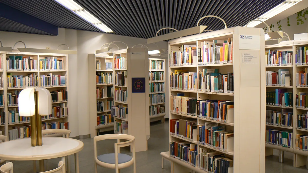 Shelves of the Main Library of Tampere, Finland.
