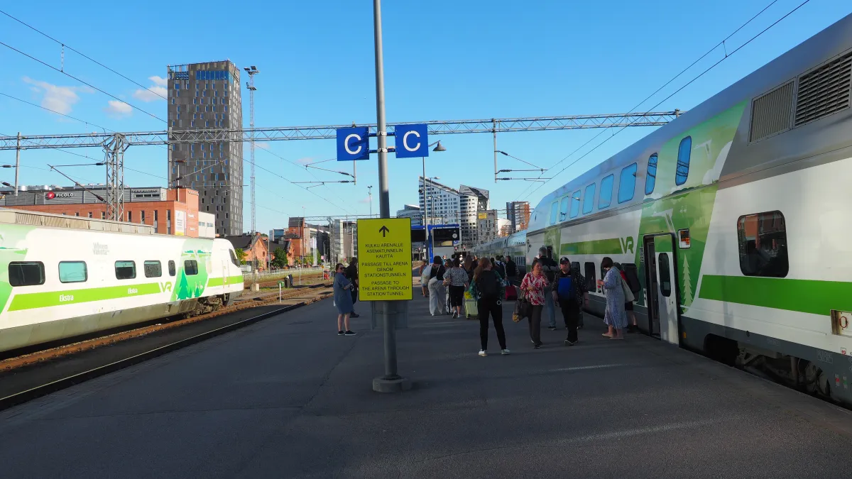 A view of the Tampere railway station in central Tampere, Finland on a June evening showing an InterCity2 train from Helsinki, Finland mere moments after the arrival of the train.