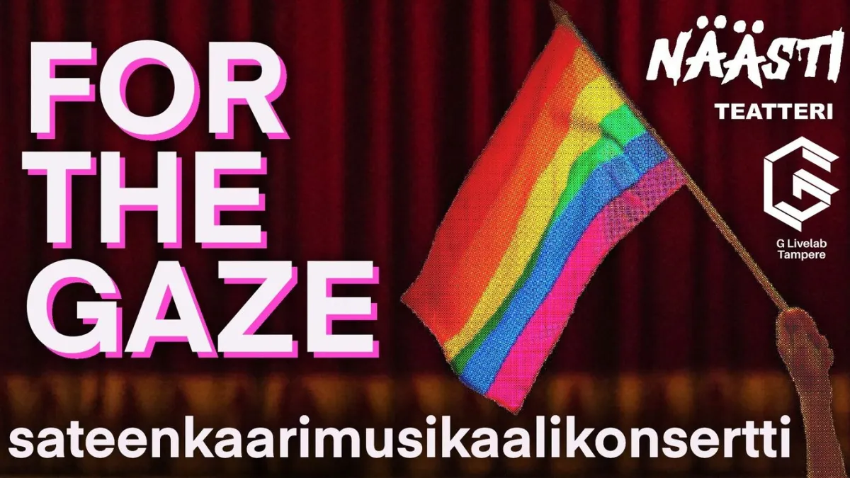 Kuvassa käsi pitelee sateenkaarilippua ja siinä on konsertin nimi ja järjestäjien logot.