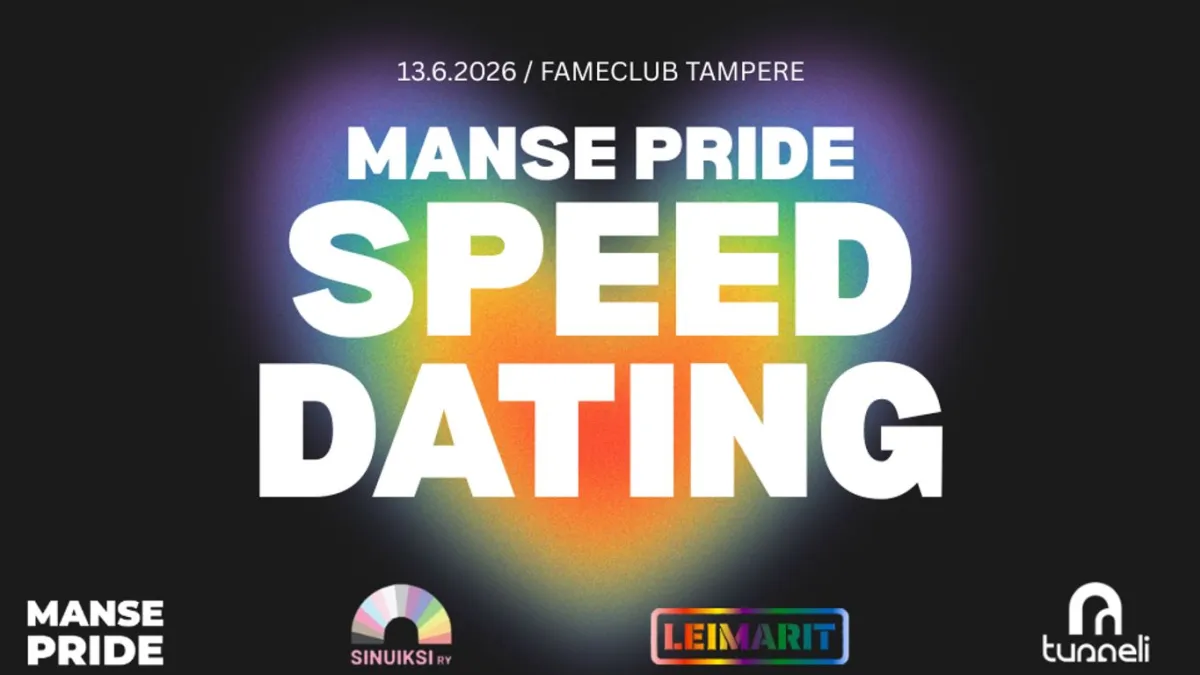 Tumma mainosjuliste. Keskellä suurella valkoisella tekstillä lukee "Manse Pride Speed Dating". Yläosassa teksti "13.6.2026 / Fameclub Tampere". Taustan värimaailma on sateenkaaren sävyinen liukuväri m