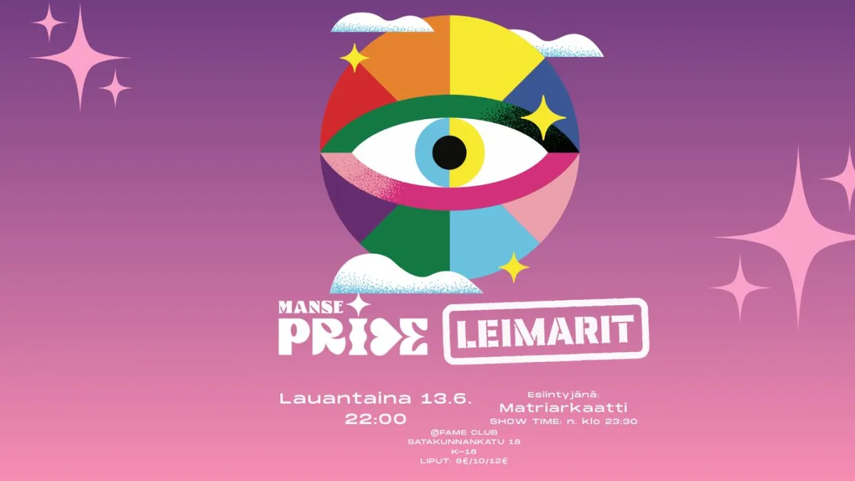 Manse Priden ja leimarin logo. Kuvituksena sateenkaareva silmä.