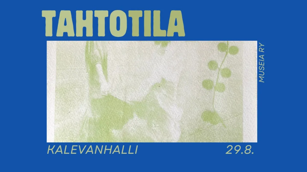 Kuvituskuva: sinisellä pohjalla vaaleanvihrein kirjaimin "29.8., TAHTOTILA" ja vihreä kuva, jossa kaksi ihmistä tanssivat sekä vanamon oksa