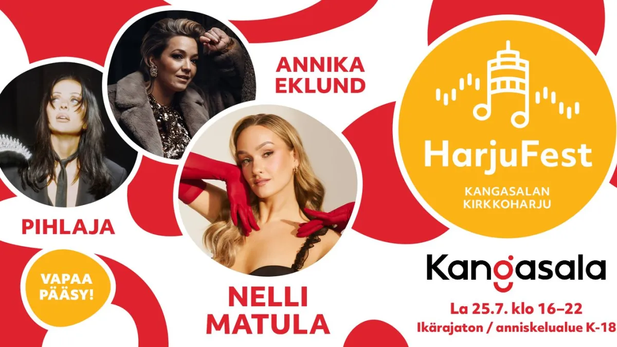 Harjufestin juliste, kuvassa esiintyjät Nelli Matula, Pihlaja sekä Annika Eklund.